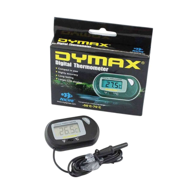 Dymax Digital Thermometer with large LCD display, showing temperatures for precise aquarium monitoring.