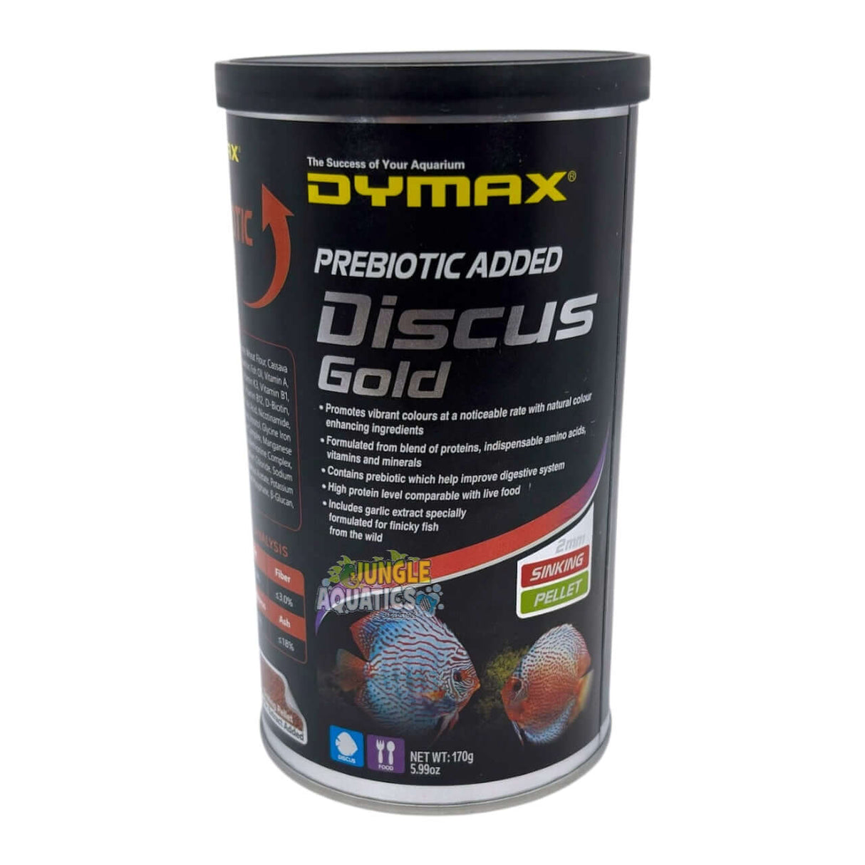 Dymax Discus Gold premium sinking pellets packaging for discus fish with vibrant colors and nutritional benefits.