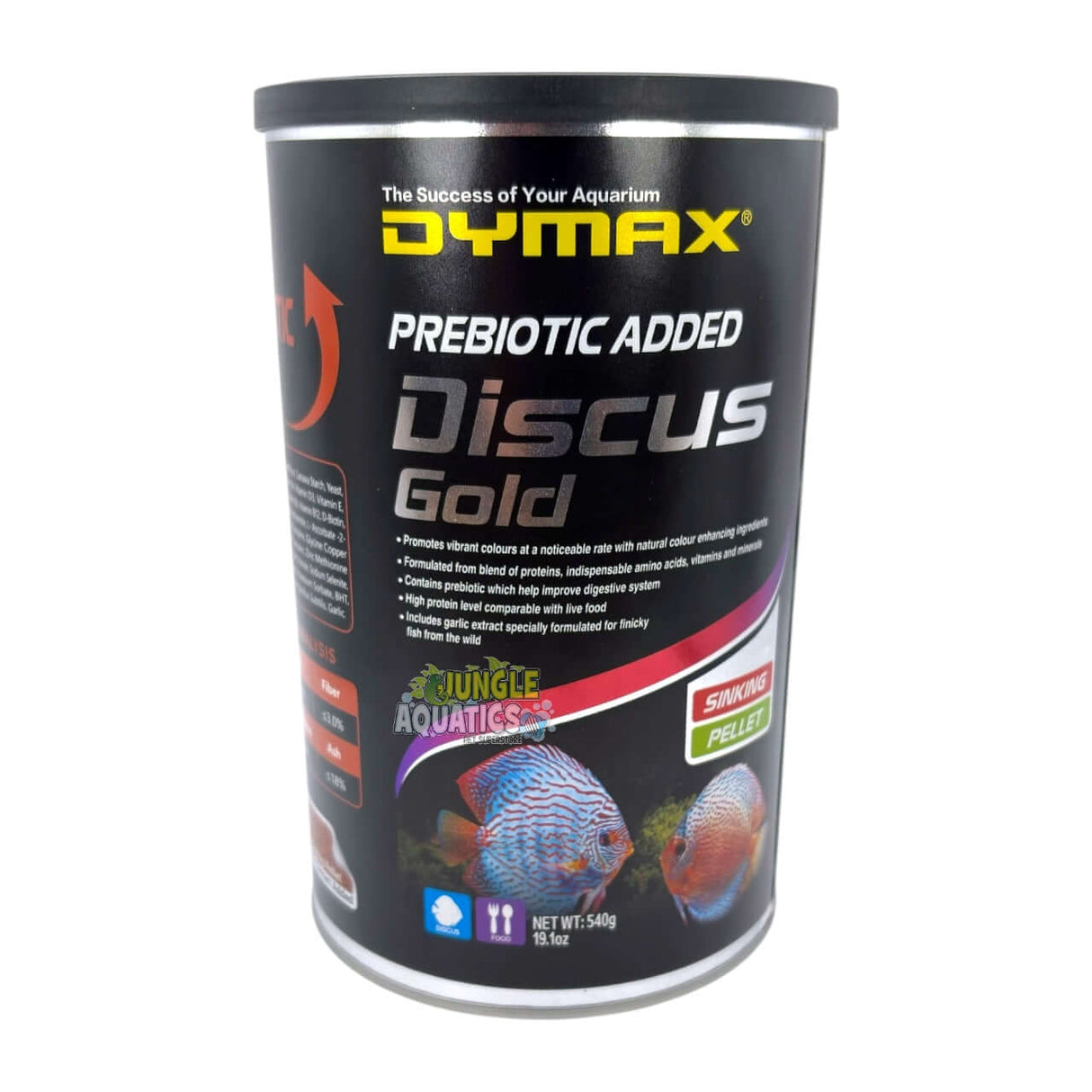 Dymax Discus Gold premium sinking pellets for discus fish in a canister, designed for healthy growth.