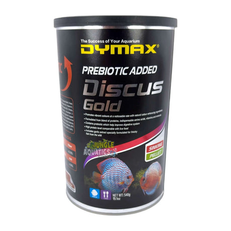 Dymax Discus Gold premium sinking pellets for discus fish in a canister, designed for healthy growth.