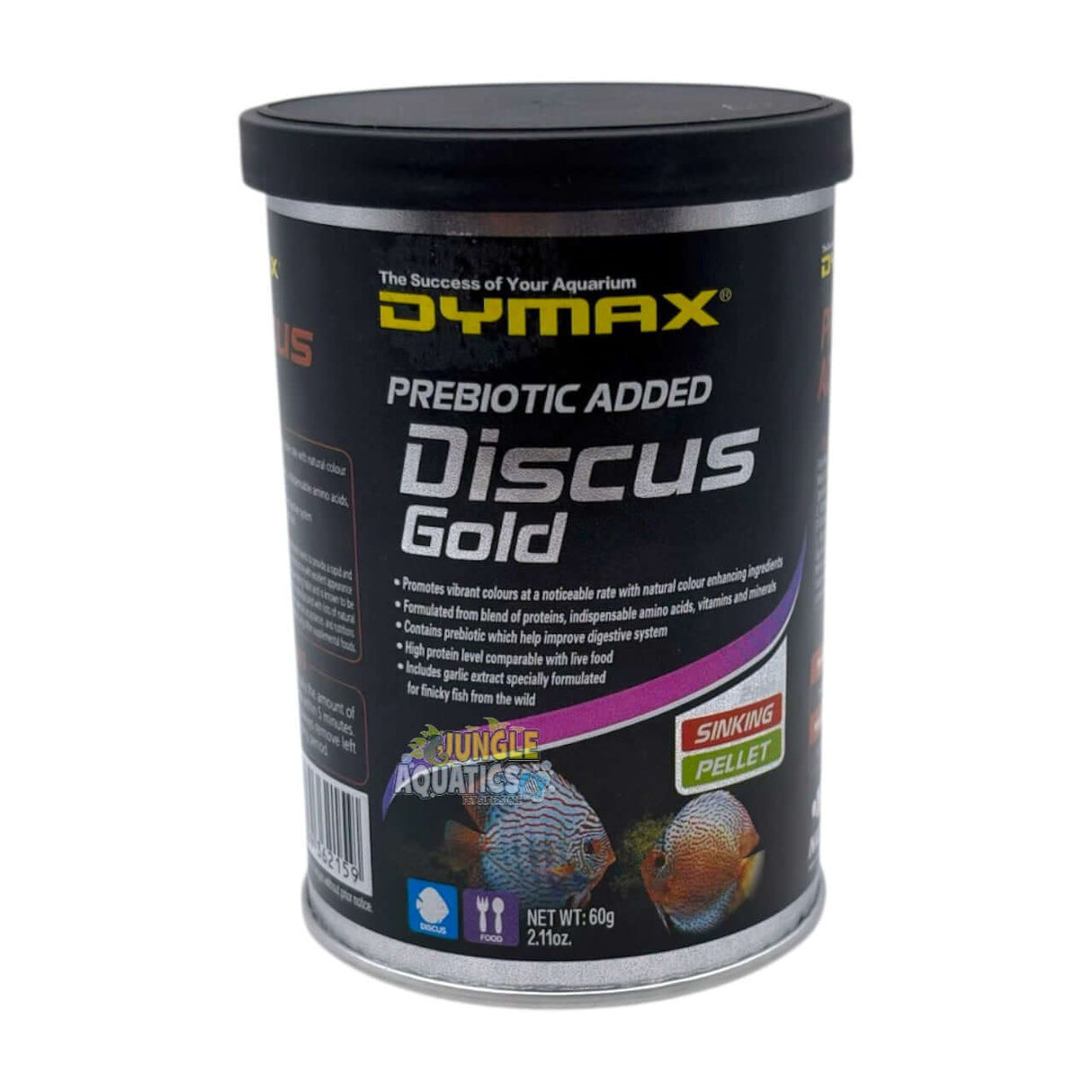 Dymax Discus Gold premium sinking pellets for discus fish in a 60g container.