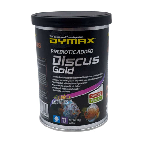 Dymax Discus Gold premium sinking pellets for discus fish in a 60g container.