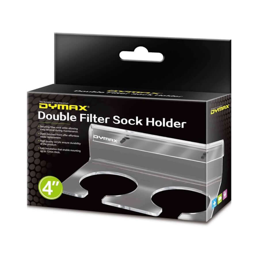 Dymax Double Filter Sock Holder 4 inch packaging designed for secure filter sock placement and easy maintenance access.
