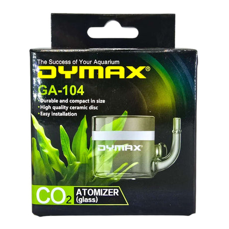 Dymax Glass Atomizer GA-104 packaging showcasing its durable design and quality ceramic disk for easy aquarium installation.