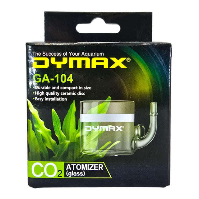 Dymax Glass Atomizer GA-104 packaging showcasing its durable design and quality ceramic disk for easy aquarium installation.