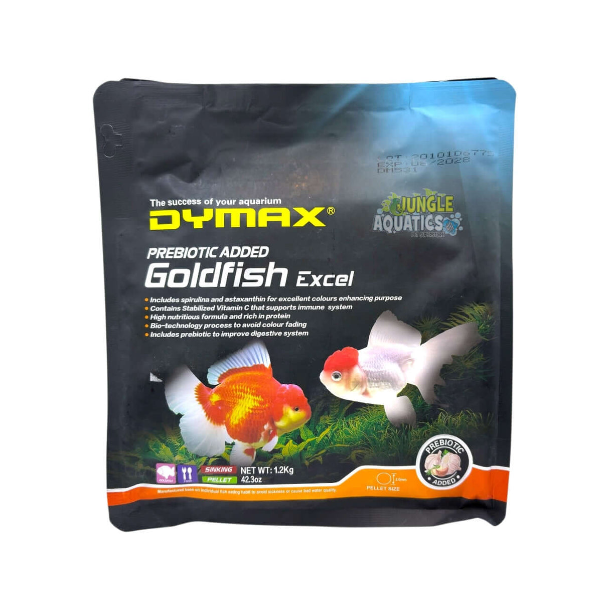 Dymax Goldfish Excel premium sinking pellets for fancy goldfish packaging with vibrant fish images.