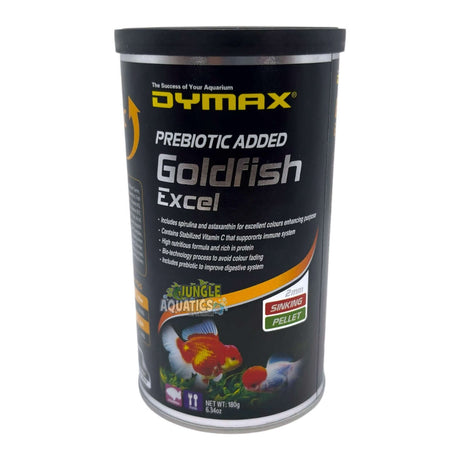 Dymax Goldfish Excel premium sinking pellets for fancy goldfish with Spirulina and Astaxanthin.