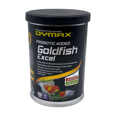 Dymax Goldfish Excel – Premium sinking pellets with spirulina and vitamin C for enhancing goldfish color.
