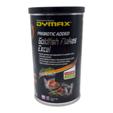 Dymax Goldfish Flakes Excel packaging featuring premium floating flakes for vibrant goldfish colors.