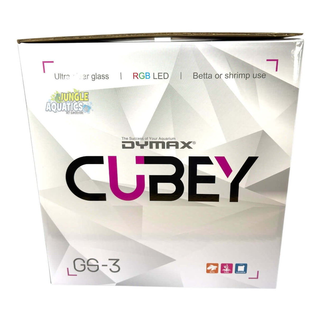 Dymax GS3 Cubey Aquarium Freshwater packaging with ultra-clear glass and RGB LED features.