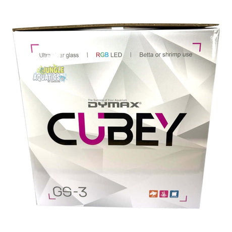 Dymax GS3 Cubey Aquarium Freshwater packaging with ultra-clear glass and RGB LED features.