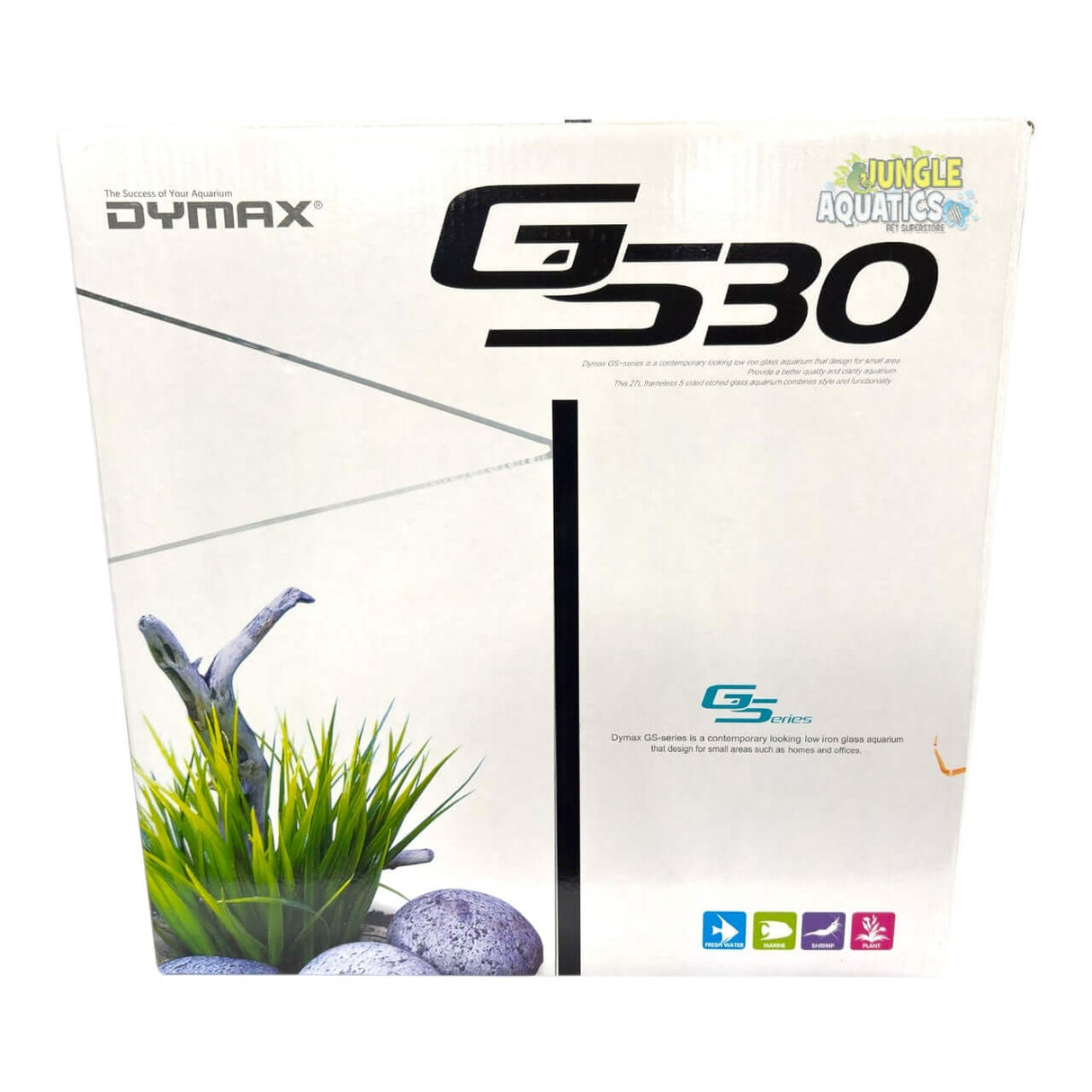 Dymax GS30 Aquarium packaging featuring ultra clear cube tank design and filtration system.