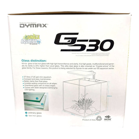 Dymax GS30 Aquarium packaging showcasing ultra clear low iron glass and detailed specifications.