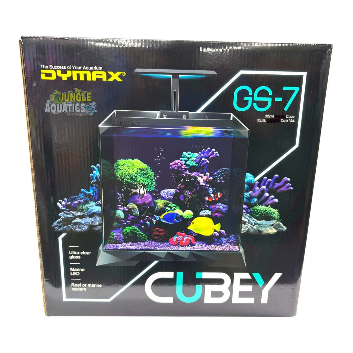 Dymax GS7 Cubey Aquarium Marine package featuring vibrant corals and fish with LED lighting and clear glass design.