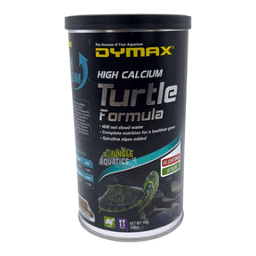 Dymax Turtle Formula canister with nutritional info for turtles and terrapins, designed for complete dietary needs.