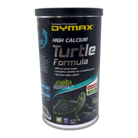 Dymax Turtle Formula canister with nutritional info for turtles and terrapins, designed for complete dietary needs.