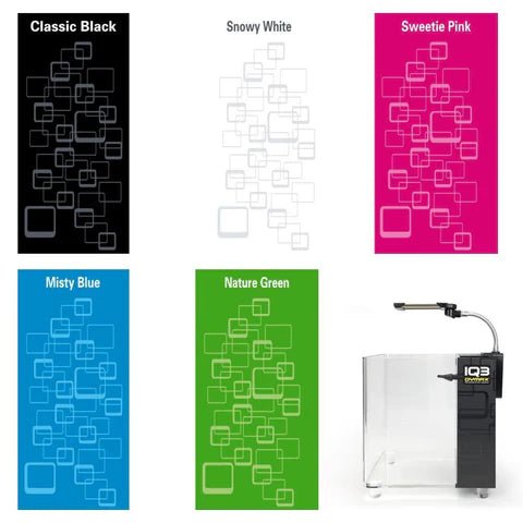 Color options for Dymax IQ3 Mini Acrylic Aquarium, featuring Classic Black, Snowy White, Sweetie Pink, Misty Blue, and Nature Green.