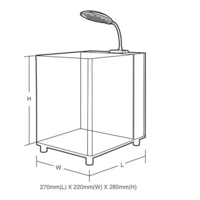 Dymax IQ5 Acrylic Aquarium dimensions illustration showing 270mm(L) x 220mm(W) x 280mm(H) with LED lighting.