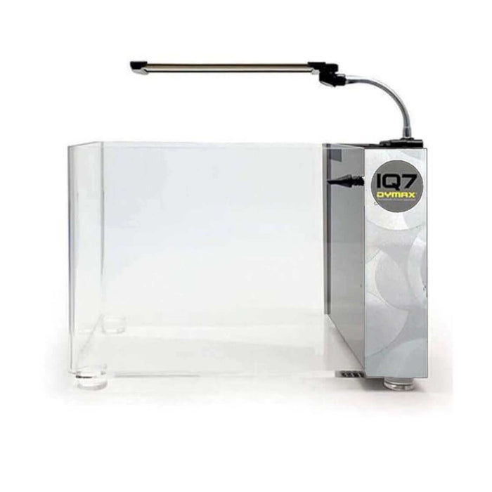 Dymax IQ7 acrylic aquarium with LED light, featuring a sleek design and comprehensive accessories for easy maintenance.