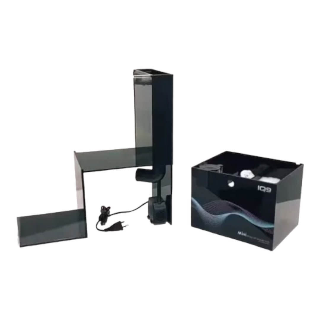 Dymax IQ9 Drop Off Dual Marine and Freshwater Aquarium with unique design and sliding sump filtration system.