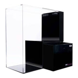 Dymax IQ9 Drop Off Dual Marine and Freshwater Aquarium in ultra-clear acrylic with black accents and unique design.