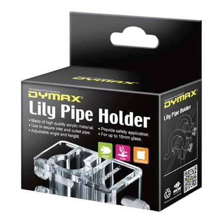 Dymax Lily Pipe Holder 2pc packaging, featuring adjustable acrylic holders for secure aquarium pipe placement.
