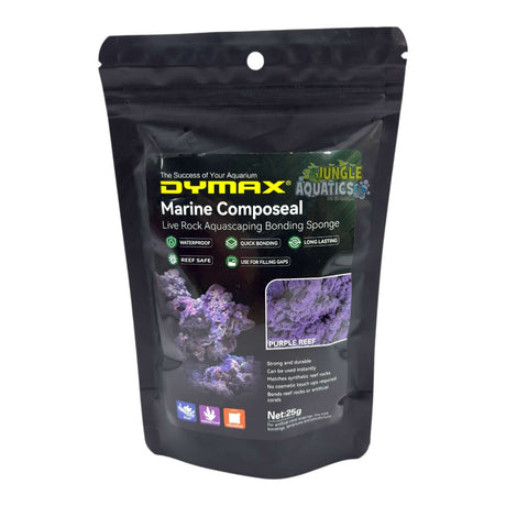 Dymax Marine Composeal Purple 25g packaging, featuring a coral bonding compound for aquascaping, waterproof and durable.
