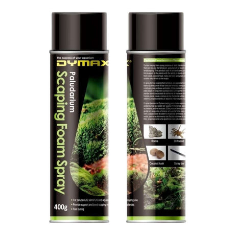 Dymax Scaping Foam Spray 400g for terrariums and landscaping, featuring a white translucent foam for natural plant support.