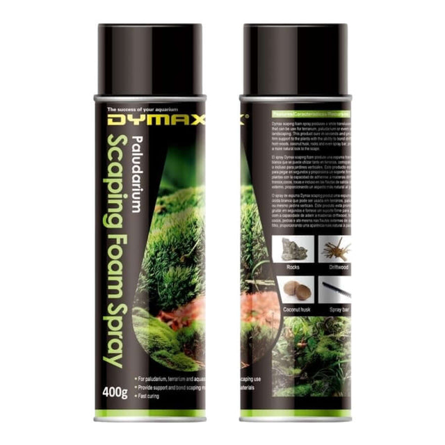 Dymax Scaping Foam Spray 400g for terrariums and landscaping, featuring a white translucent foam for natural plant support.