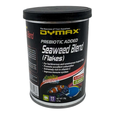 Dymax Seaweed Blend Flakes container for premium marine fish food, rich in Vitamin C and nutrients.