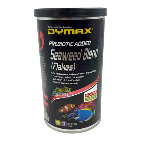 Dymax Seaweed Blend Flakes packaging for premium marine fish food rich in Vitamin C and natural garlic extract.
