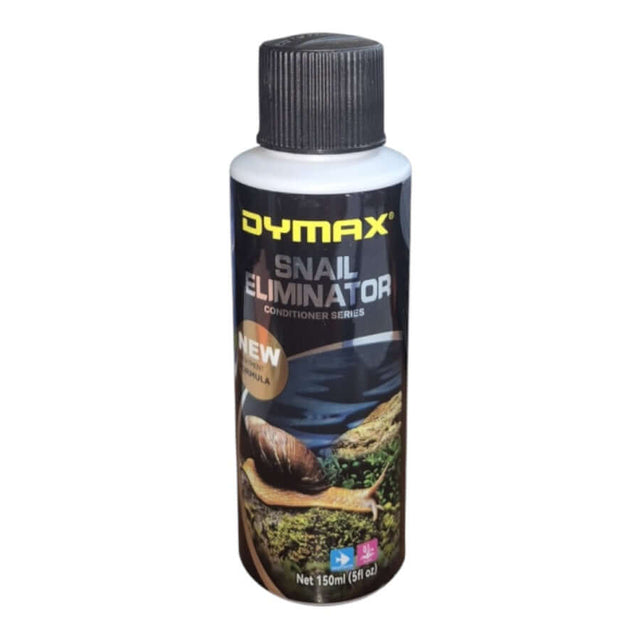 Dymax Snail Eliminator 150ml bottle for effective snail control in aquariums, safe for fish and plants.