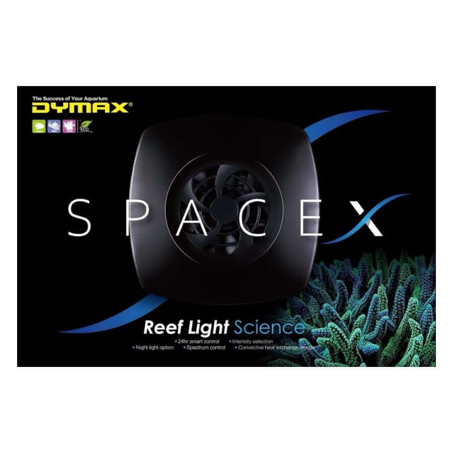 Dymax SpaceX Reef LED Light 48W packaging featuring lighting technology for coral growth.