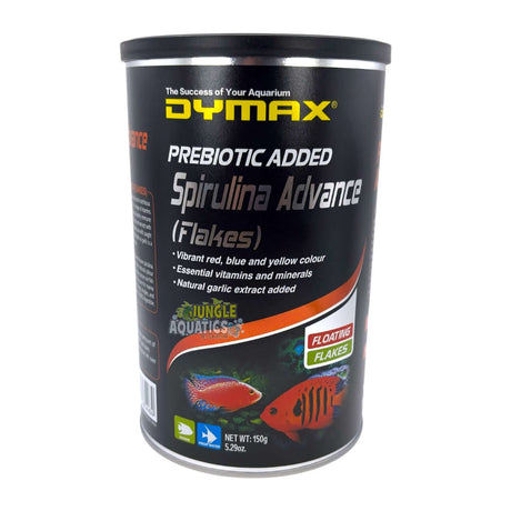 Dymax Spirulina Advance Flakes - nutrient-rich fish food with essential vitamins and minerals for vibrant colors.
