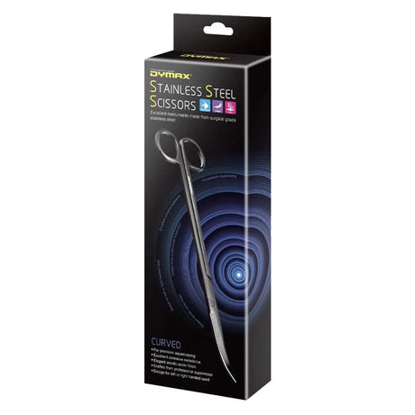 Dymax stainless steel curved scissors packaging designed for precision aquascaping and excellent durability.