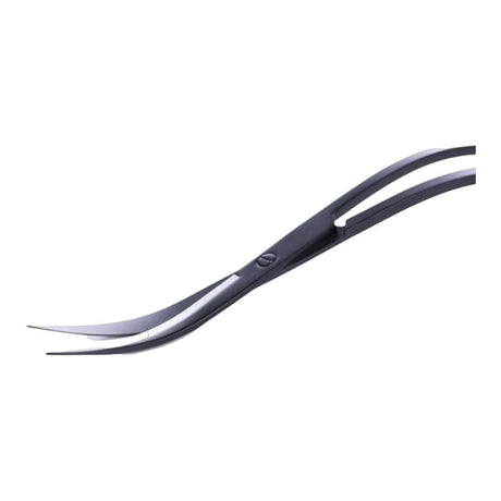 Dymax Double Curve stainless steel scissor for trimming aquatic plants, featuring durable black anodized finish.