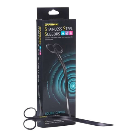 Dymax stainless steel double curved scissors in packaging, designed for precise trimming of aquatic plants.