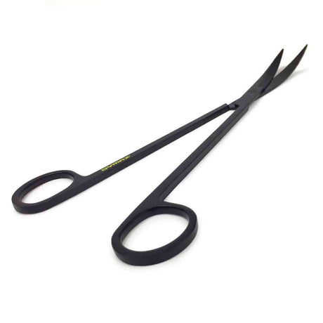 Dymax stainless steel water scissors with black anodized finish for precision aquascaping and corrosion resistance.