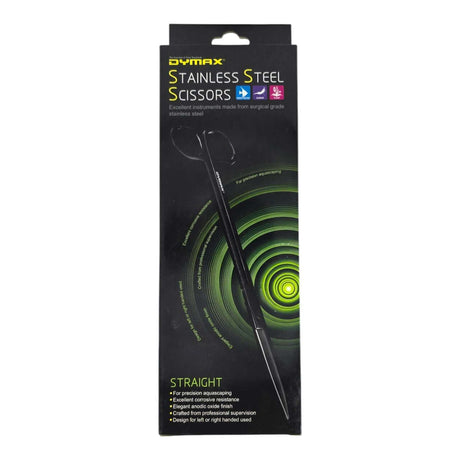 Dymax stainless steel straight scissors for precision aquascaping, featuring an elegant anodic oxide finish.
