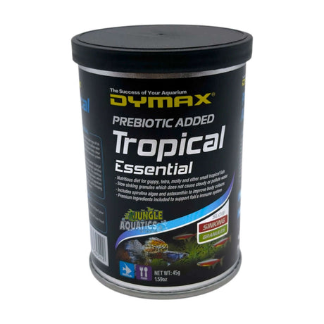 Dymax Tropical Essential - Prebiotic added slow sinking granules for small tropical fish in aquarium.