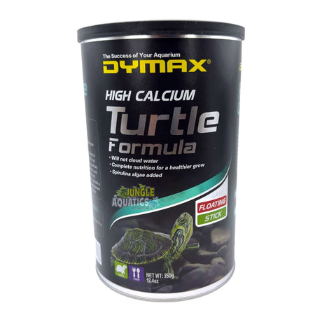 Dymax Turtle Formula canister featuring high calcium floating sticks for turtle nutrition and shell growth.
