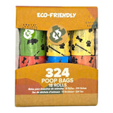 Eco-friendly dog poop bags packaging featuring 324 biodegradable bags in colorful rolls for responsible pet waste management.