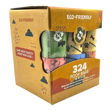 Eco-friendly dog poop bags in a box containing 324 bags across 18 rolls for sustainable pet waste management.