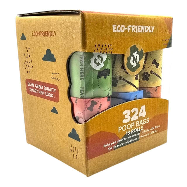 Eco-friendly dog poop bags in a box containing 324 bags across 18 rolls for sustainable pet waste management.