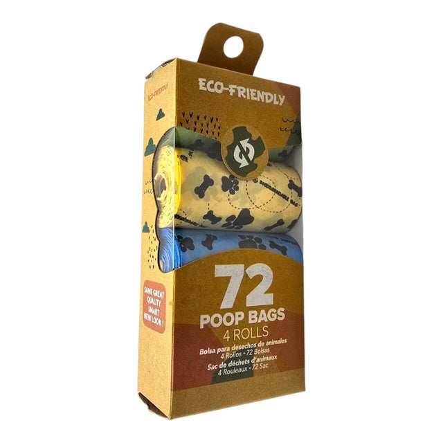 Eco-friendly dog poop bags packaging, featuring 72 biodegradable bags in eco-conscious design.