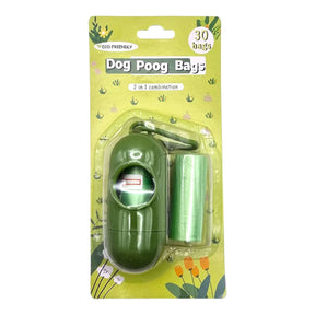 Green dog poop dispenser with 30 eco-friendly bags, perfect for on-the-go pet clean-up and leash attachment.