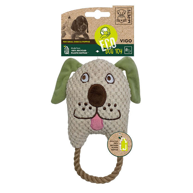 Eco-friendly dog toy made from recycled materials, designed for small dogs and puppies, featuring a jute rope and playful design.