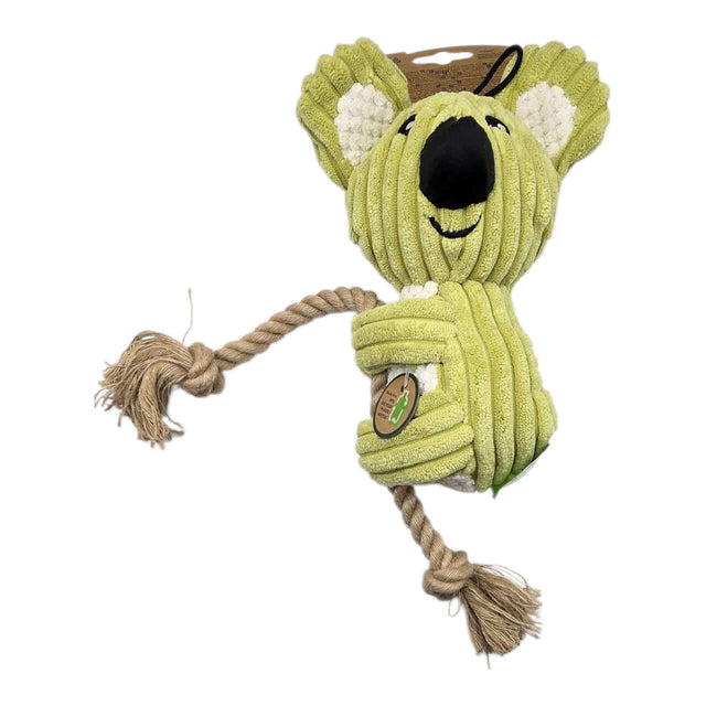 Eco-friendly koala dog toy with jute rope for tugging and chewing, made from recycled materials.