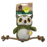 Eco dog toy in the shape of an owl, made from recycled bottles and jute, perfect for small dogs.