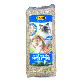 Eco Wood Cat Litter Pellets 15kg packaging with a cat and rabbit, promoting natural, biodegradable pet litter.